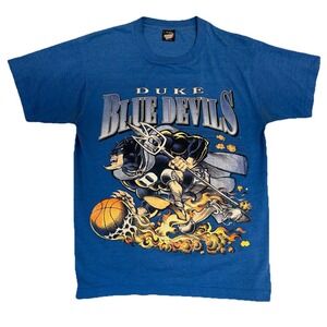 Vtg 90s Duke Blue Devils T-Shirt Flames Spell Out Logo Fire Basketball USA Sz L